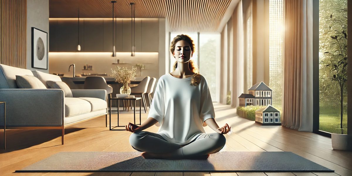 Una donna medita su un tappetino da yoga, con un'espressione serena, in un salotto moderno. La luce naturale illumina l'atmosfera tranquilla, creando un senso di pace.